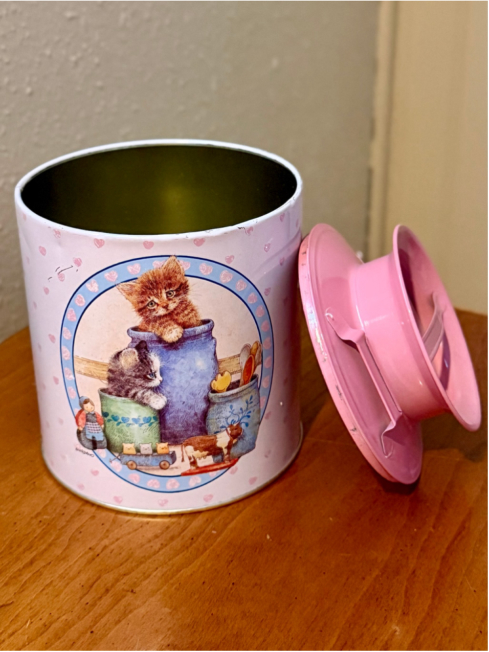 Vintage Giordano Kittens Pink Metal Milk Can Storage Tin Country Decor